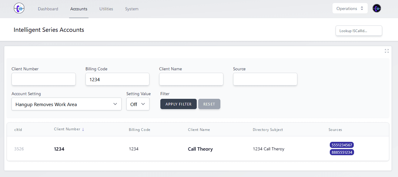 Search and filter boxes for Client Number, Billing Code, Client Name, Source, Account Settings, and More