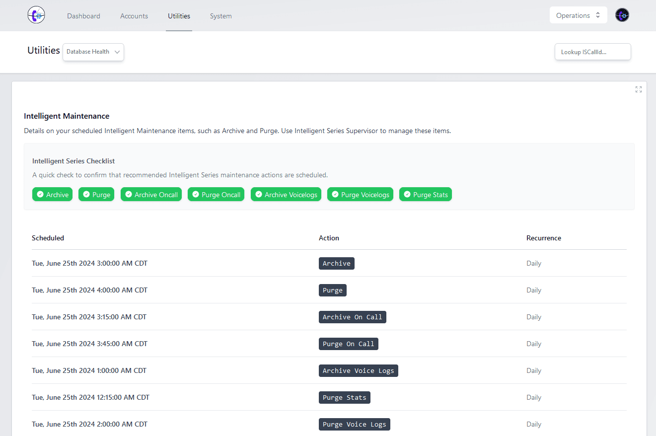 Screenshot showing that all the Amtelco archives/purges are properly scheduled