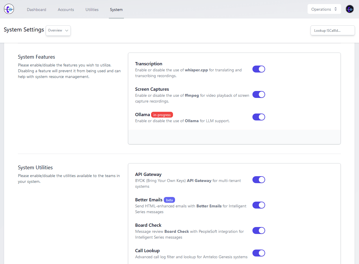 Enable or disable transcription and LLM support within Mission Control.