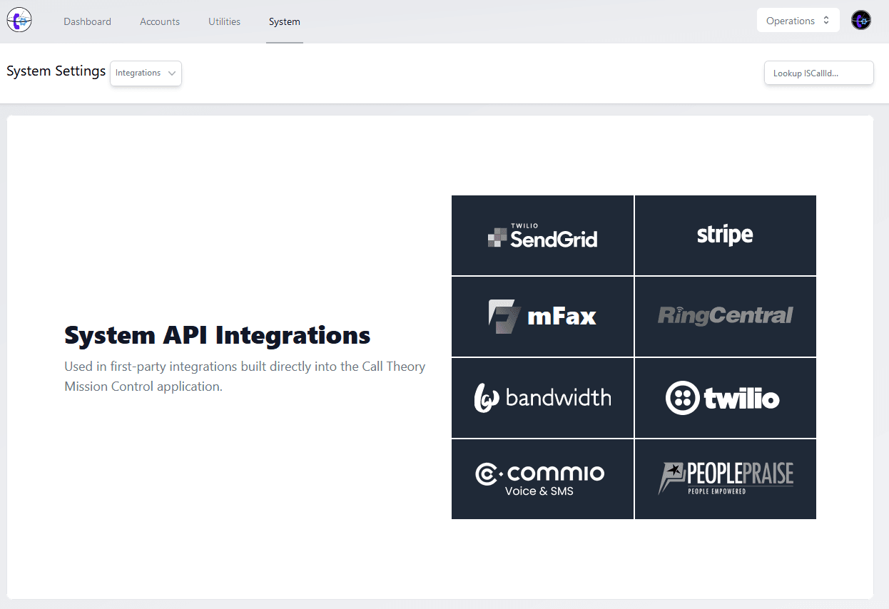 System integration forms for SendGrid, mFax, stripe, RingCentral, bandwidth, twilio, commio, and PeoplePraise.